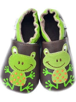 Leder-Krabbelschuhe "Frosch" In Braun/ Grün