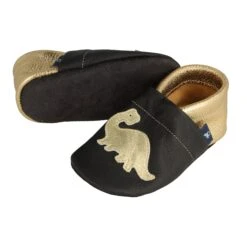 Krabbelschuhe / Lederpuschen Mit Dinosaurier In Schwarz / Gold -Kleidung Geschäft pantau its a small world krabbelschuhe lederpuschen mit dinosaurier in schwarz gold 2