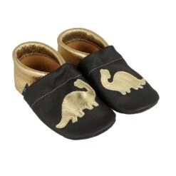 Krabbelschuhe / Lederpuschen Mit Dinosaurier In Schwarz / Gold