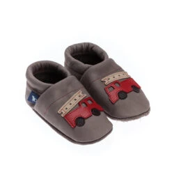 Krabbelschuhe / Lederpuschen Mit Feuerwehr In Grau / Rot