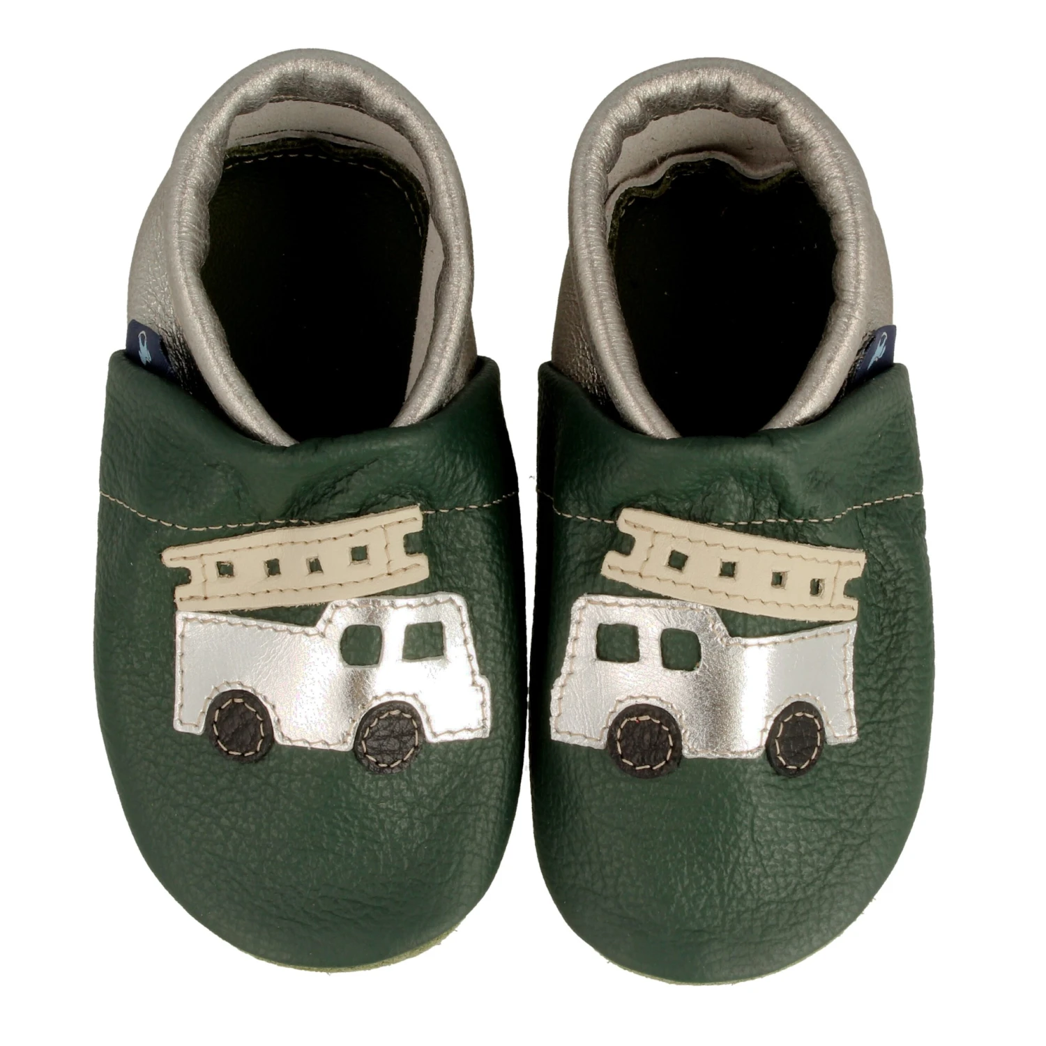 Krabbelschuhe / Lederpuschen Mit Feuerwehr In Grün / Silber 2 Krabbelschuhe / Lederpuschen Mit Feuerwehr In Grün / Silber – Bild 2