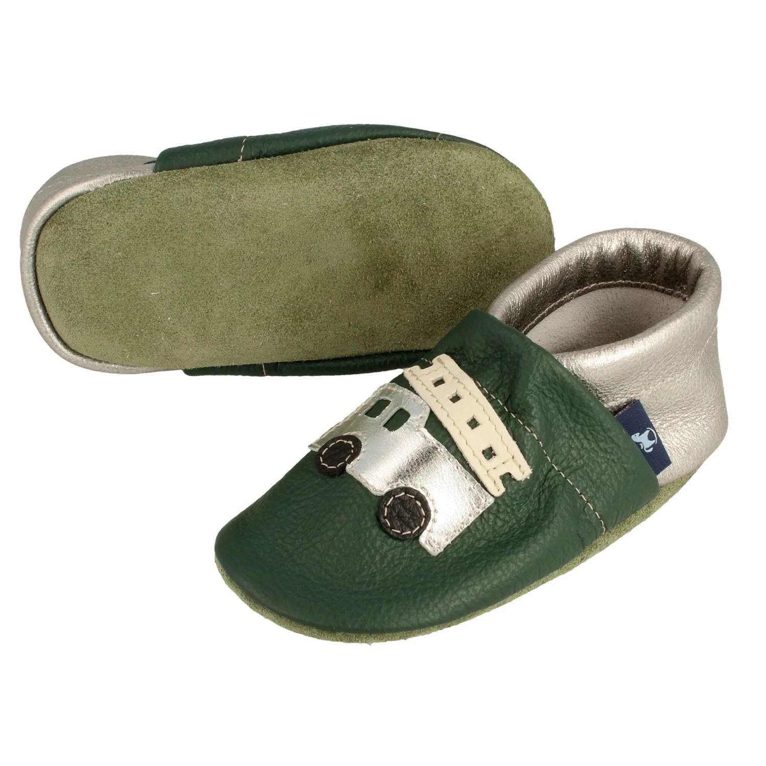 Krabbelschuhe / Lederpuschen Mit Feuerwehr In Grün / Silber 3 Krabbelschuhe / Lederpuschen Mit Feuerwehr In Grün / Silber – Bild 3