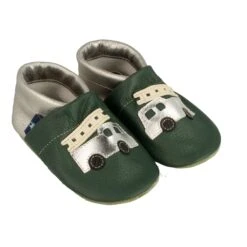 Krabbelschuhe / Lederpuschen Mit Feuerwehr In Grün / Silber