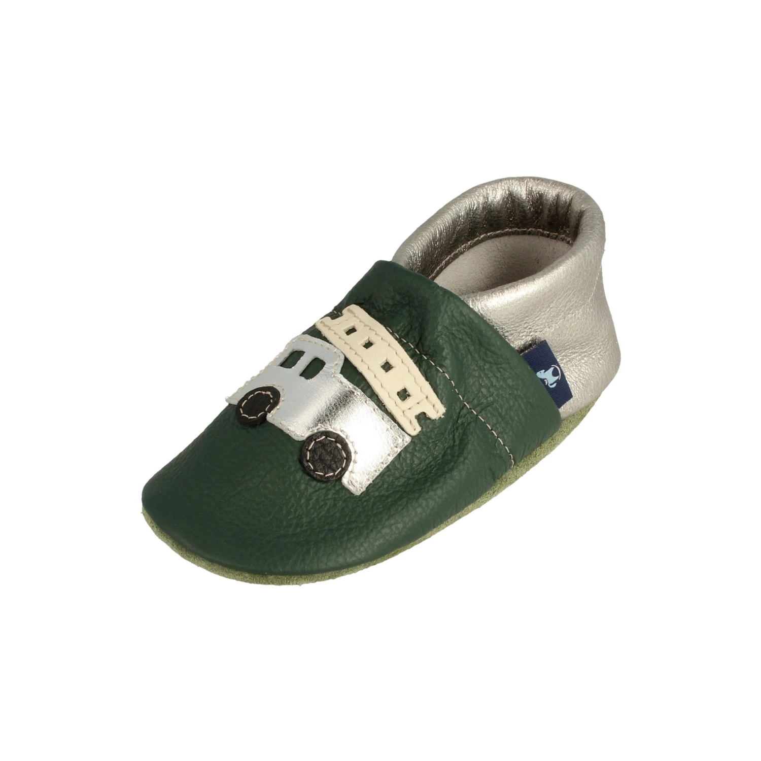 Krabbelschuhe / Lederpuschen Mit Feuerwehr In Grün / Silber 4 Krabbelschuhe / Lederpuschen Mit Feuerwehr In Grün / Silber – Bild 4