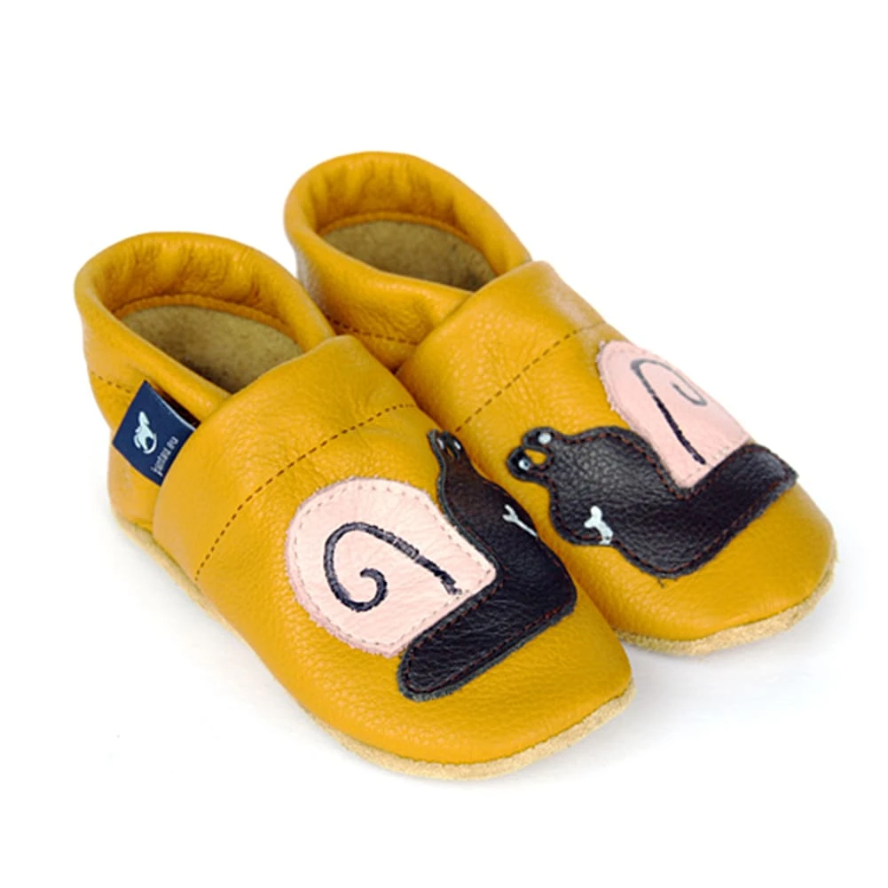 Krabbelschuhe / Lederpuschen Mit Schnecke In Gelb / Dunkelbraun 1 Krabbelschuhe / Lederpuschen Mit Schnecke In Gelb / Dunkelbraun