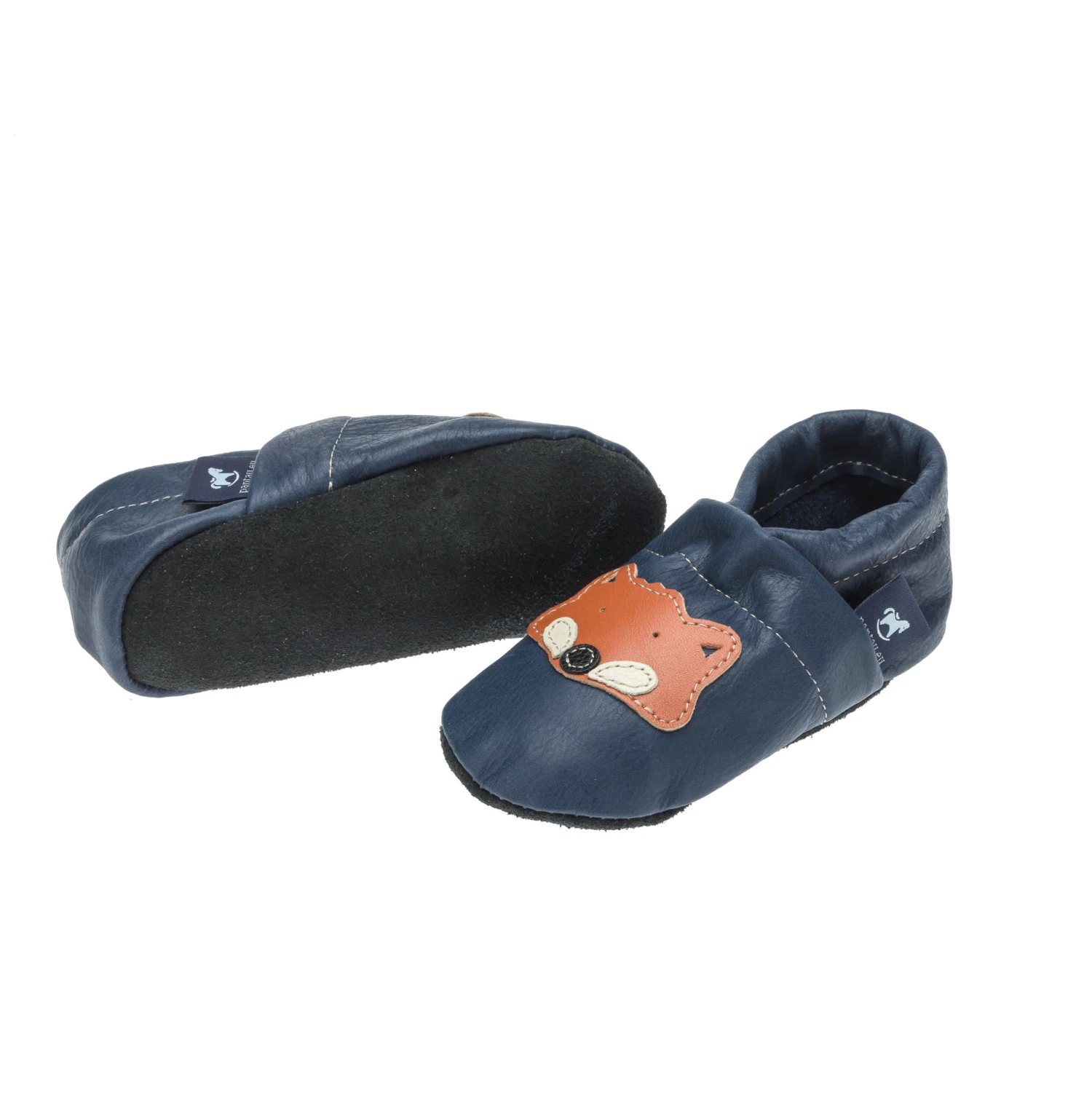 Lauflernschuhe / Lederpuschen Mit Fuchs In Blau / Orange 3 Lauflernschuhe / Lederpuschen Mit Fuchs In Blau / Orange – Bild 3