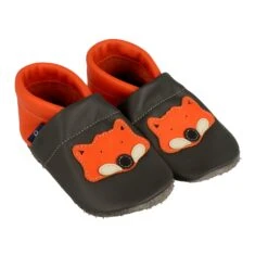 Lauflernschuhe / Lederpuschen Mit Fuchs In Grau / Orange