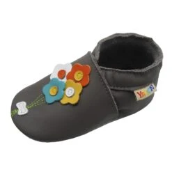 Leder-Krabbelschuhe "4 Blumen" In Dunkelgrau -Kleidung Geschäft yalion leder krabbelschuhe 4 blumen in dunkelgrau 2