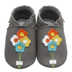 Leder-Krabbelschuhe "4 Blumen" In Dunkelgrau